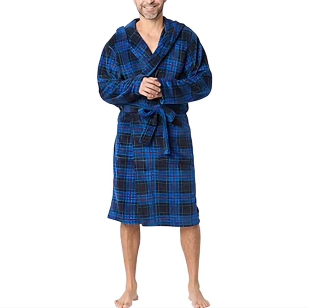 Mens Plaid St Johns Bay Blue Black Soft Hooded Robe NWT Gift Size XL XXL‎
